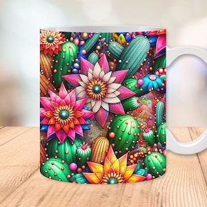 Cactus Flowers Mug Wrap 11oz and 15oz, Cactuses Mug, Cactus Coffee Mug, Mexican Floral Mug, Sublimation Design, Instant Digital Download PNG