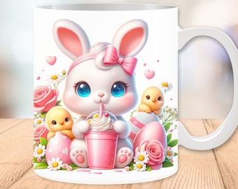 3D Bunny mok wrap 11oz en 15oz, paasmokken, schattige paasmok, babykuikens mok wrap, sublimatie ontwerpen, mok sjabloon, digitale download PNG