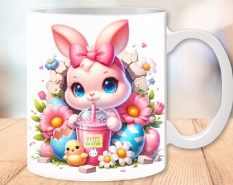 3D Bunny Mug Wrap 11oz en 15oz, Paasmokken, Leuke Paasmok, Baby Chick Mok Wrap, Sublimatie Ontwerpen, Mok Sjabloon, Digitale Download PNG