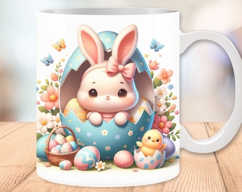 Cute Easter Bunny Mug Wrap, Bunny in Egg, Bunny Mug Easter, 11o and 15oz, Easter Rabbit, Sublimation Design, Digital Download PNG
