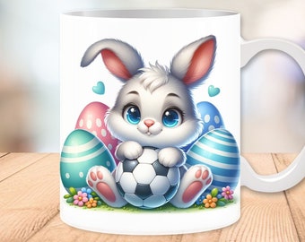 Kubek piłkarski z wielkanocnym króliczkiem 11oz i 15oz, kubek piłkarski dla chłopca, kubek z królikiem, wielkanocny kubek do kawy, wzory sublimacji, pobieranie cyfrowe PNG