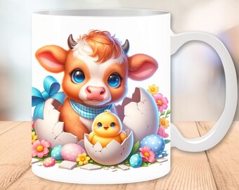 Easter Cow and Chick Mug Wrap, Cute Easter Mugs, Cow Coffee Mug, Easter Cow Mugs, 11oz and 15oz, Sublimation Design, Digital Download