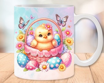 Easter Chick Mug Wrap 11oz and 15oz, Easter Basket Mug, Cute Easter Mug, Sublimation Designs, Mug Template, Digital Download PNG