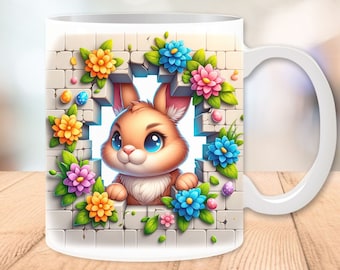 3D paashaas gat een muur mok wrap 11oz en 15oz, paasmokken, schattige paasmok, sublimatieontwerpen, moksjabloon, digitale download PNG