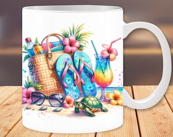 Summer Mug Wrap, Flip Flops Mugs, Vacation Mug, Summer Mug, Mug Template, 11oz and 15oz, Sublimation Design, Digital Download PNG