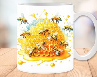 3D Bee Honeycomb Mug Wrap, 11oz and 15oz, Mug Template, 3D Mugs, Bee Wraps, Sublimation Design, Instant Digital Download, PNG Files