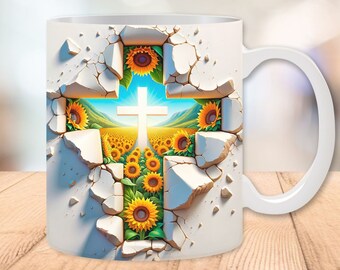 3D Christian Cross Hole in a Wall Mug Wrap, Cross with Sunflowers, Religious Cross, 11oz and 15oz, Sublimation Design, Digital Download PNG