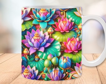 3D Colorful Lotus Mug Wrap 11oz and 15oz, Lotus Coffee Mug, Floral Mug Wrap, Lotus Flower  Wrap, Sublimation Designs, Digital Download PNG