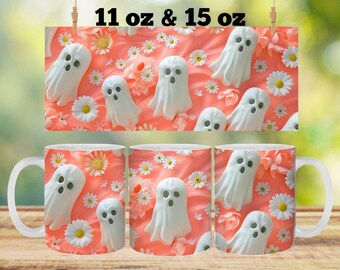 Emballage de tasse 3D fantôme d'Halloween, Mug fantôme 3D png, emballage de tasse fantôme, motifs sublimation d'Halloween 11 oz et 15 oz, png floral fantôme, numérique png