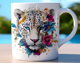3D Leopard Mug Wrap 11oz and 15oz, Hole in a Wall Mug, Cracked Wall Mug, Leopard with Flowers, Sublimation Design, Mug Template, Digital PNG