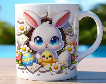 3D Bunny Mug Wrap 11oz en 15oz, Paasmokken, Leuke Paasmok, Baby Chick Mok Wrap, Sublimatie Ontwerpen, Mok Sjabloon, Digitale Download PNG