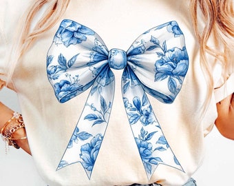 Chinoiserie Bow PNG, Coquette Chinoiserie bow png, Toile Bow png, Coquette png, Blue Floral Bow, Trendy Chinoiserie png, Toile de Jouy Bow