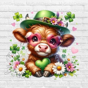 May include: A brown and white Highland cow wearing a green hat with a gold buckle and pink heart-shaped sunglasses. The cow is holding a green heart in its hooves. The cow is surrounded by green shamrocks and white daisies with pink centers.