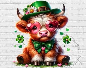 St Patricks Day Highland Cow png, St Patricks Day png, Patrick Day png, Highland Cow Clover en bloemen, sublimatie ontwerp digitale download