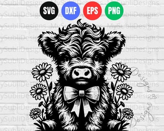 Highland Cow with Daisies Svg, Highland Cow with Bow svg, Cow Silhouette svg, Highland Cow svg, Cow Cut files for Cricut Sublimation Design