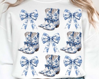 Coquette Boots PNG, Blue and White Coastal Cowgirl, Blue Floral Boots png, Chinoiserie Boots png, Trendy Chinoiserie, Western Sublimation