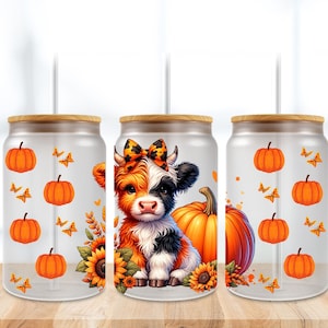 Fall Highland Cow Libbey Glass, Fall Libbey Wrap, 16oz Glass Can, Highland Cow Glass Can,  wrap, Autumn Glass Sublimation, Fall Pumpkin PNG