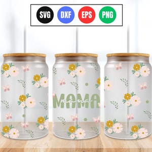 Retro Mama Flower 16oz Libbey Glass Can Svg, Mama Wildflower Sublimation Design, Mother&#39;s Day Glass Cup Png, Gift For Mom, Digital Download