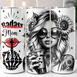 Badass Mom Tumbler Wrap, 20oz Skinny Tumbler, Sarcastic Sublimation Design, Floral Tattoo Woman, Tumbler Template, Digital Download PNG