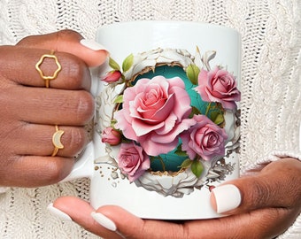 3D Pink Roses with Positive Quotes Mug Wrap, 11oz and 15oz, Flowers Sublimation Designs, 3D Flowers, Floral Mugs, Hole in Wall , PNG