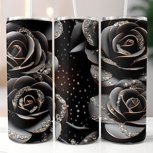 3D Black Roses Sublimation Tumbler Wrap, Roses Gold Details, Black Flowers Tumbler Png, 20oz Tumbler Wrap, Instant Download