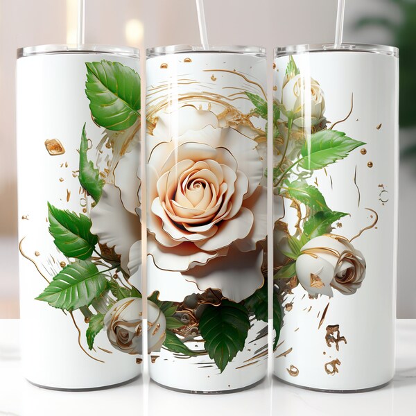 Roses blanches 3D trouées dans un mur pour verre, 20 oz, motifs floraux en sublimation, papier peint floral, téléchargement immédiat PNG
