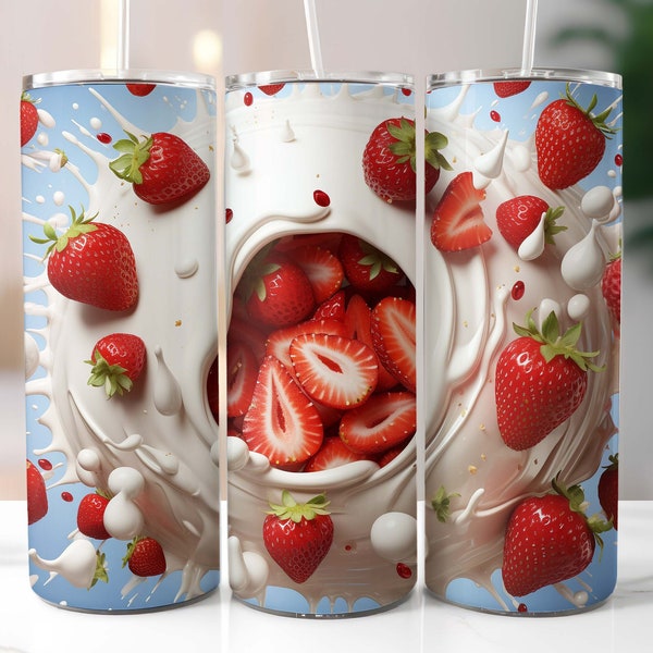 3D Strawberries in a Cream Hole Tumbler Wrap 20oz Skinny, Strawberry Wraps, Strawberry Tumbler, Sublimation Design, Instant Download PNG