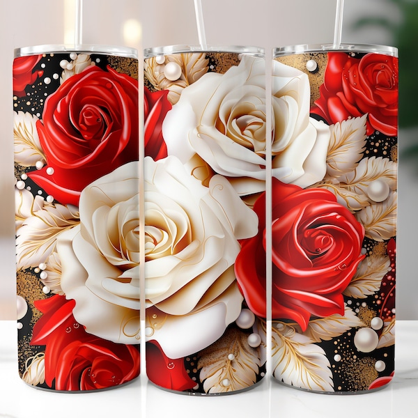 3D White Red Roses Tumbler Wrap 20 oz, Gold Details, Skinny Tumbler Sublimation Designs, Straight and Tapered PNG, Instant Download
