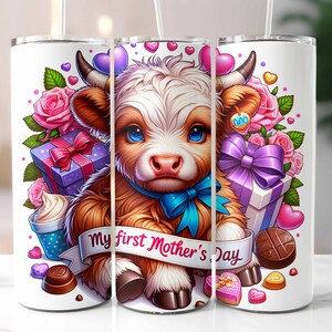 My First Mother&#39;s Day Tumbler Wrap, Highland Cow Mother&#39;s Day Tumbler Wrap, Sublimation Design, 20oz Skinny, Digital Download PNG Files