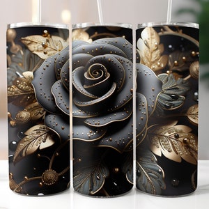 3D Black Roses Tumbler Wrap, Gold Details, Floral Wraps, 20 oz Skinny Tumbler, Sublimation Design, Black Flowers PNG, Digital Download