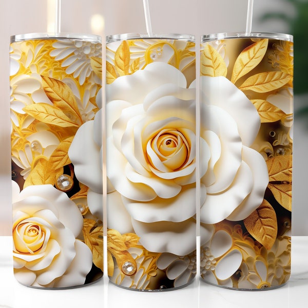 3D Yellow White Roses Tumbler Wrap 20 oz, Gold Details, Skinny Tumbler Sublimation Designs, Straight and Tapered PNG, Instant Download