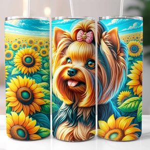 Yorkshire Terrier Tumbler Wrap 20oz Skinny, Yorkie Tumbler, Yorkshire with Sunflowers, Dog Mom Gift, Dog Lovers, Sublimation Design PNG