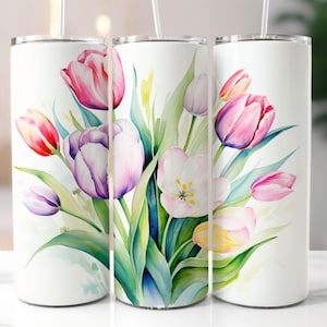 Gobelet mince 20 oz tulipe, sublimation de fleurs, papier peint floral, téléchargement numérique png, droit et conique