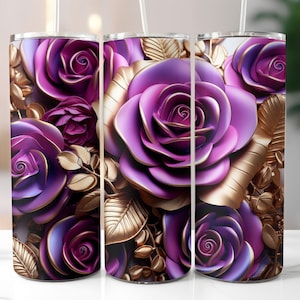 3D Purple Pink Roses Tumbler Wrap 20 oz, Gold Details, Skinny Tumbler Sublimation Designs, Straight and Tapered PNG, Instant Download