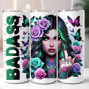 Badass Tumbler Wrap, 20oz Skinny Tumbler, Sarcastic Sublimation Design, Floral Tattoo Woman, Tumbler Template, Digital Download PNG