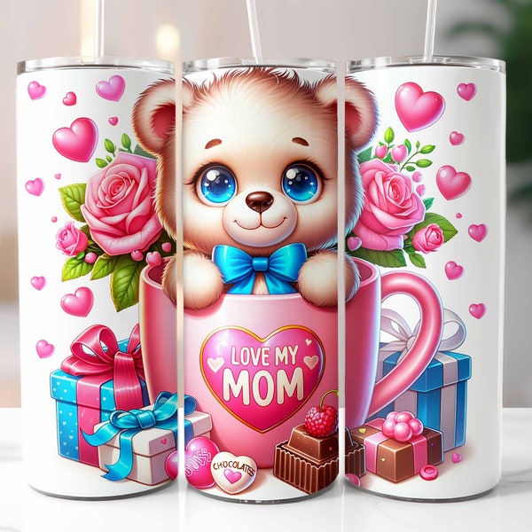Teddy Bear Mother's Day Tumbler Wrap, Love My Mom Tumbler, Tumbler Template, Sublimation Design, 20oz Skinny Tumbler, Digital Download PNG