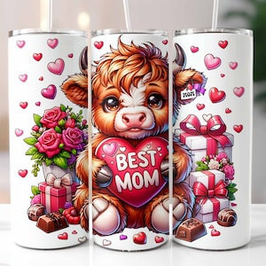 Best Mom Tumbler Wrap, Highland Cow Mother&#39;s Day Tumbler Template, 20oz Skinny Tumbler,  Cow Mom Day Sublimation Design Digital Download PNG