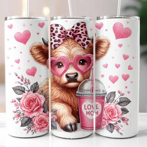 Love Mom Highland Cow Mother&#39;s Day Tumbler Wrap, Mother&#39;s Day Tumbler Template, 20oz Skinny Tumbler Sublimation Design, Digital Download PNG