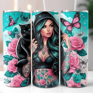 Floral Girl Tumbler Wrap, Tattoo Woman 20oz Skinny Tumbler, Badass Woman Tumbler, Sublimation Design, Digital Download PNG Files