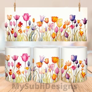 Mug Wrap Colorful Tulips 11oz and 15oz Sublimation Design, Mug Tulip, Floral Mug Wrap, Wedding Mug Design, Floral Mug PNG, Digital Download