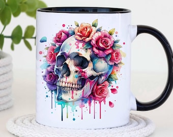 Floral Skull Mug Wrap, Skull with Roses PNG, Watercolor Floral Skull, Halloween Skull Mug, 11oz & 15oz,Sublimation Designs, Digital Download
