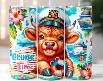 Highland Cow Cruise Time Tumbler Wrap, Summer Vacation Tumbler, Trip Tumbler, 20oz Skinny Tumbler, Sublimation Design, Digital Download PNG