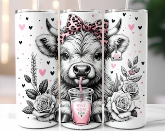 Best Mom Ever Tumbler Wrap, Highland Cow Mother's Day Tumbler Template, 20oz Skinny Tumbler, Sublimation Design Digital Download PNG