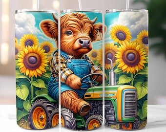 Farming Tumbler Wrap, Highland Cow Tumbler, Agriculture Tumbler, Cow Sunflowers, 20oz Skinny Sublimation Design, Digital Download PNG