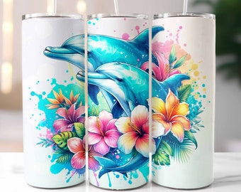 Envoltura de vaso de delfines, delfines y flores tropicales, vaso delgado de 20 oz, diseño de sublimación de acuarela, descarga digital PNG, animal sumer
