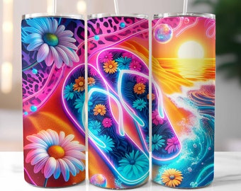 Neon Summer Tumbler Wrap, Summer Tumbler, Vacation Tumbler, Summer Flip Flops, 20oz Skinny Tumbler, Sublimation Design, Digital Download PNG