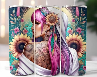 Badass Woman with Sunflowers Tumbler Wrap, 20oz Skinny Tumbler, Sublimation Design, Floral Tattoo Woman, Digital Download PNG
