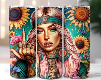 Badass Bitch Tumbler Wrap, 20oz Skinny Tumbler, Sarcastic Sublimation Design, Floral Tattoo Woman, Tumbler Template, Digital Download PNG