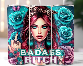 Badass Bitch Tumbler Wrap, 20oz Skinny Tumbler, Sarcastic Sublimation Design, Digital Download, Floral Tatoo Design, Red Hair Woman, PNG