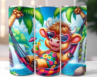 Highland Cow Summer Tumbler Wrap 20oz Skinny Tumbler, Vacation Tumbler Wrap, Waterfall Tumbler, Sublimation Design, Digital Download PNG